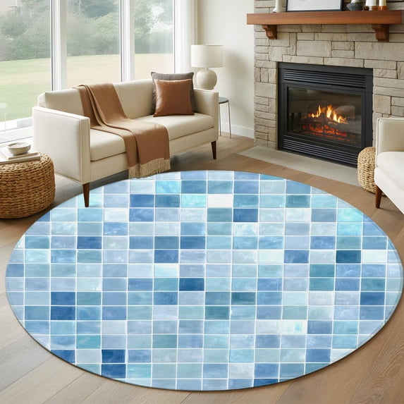 7ft Washable Round Rug, Blue White Color Block Non-Slip Circle Area Rug for Living Room Dining Room, Summer Watercolor Square Ocean Indoor Floor Mat for Home Decor