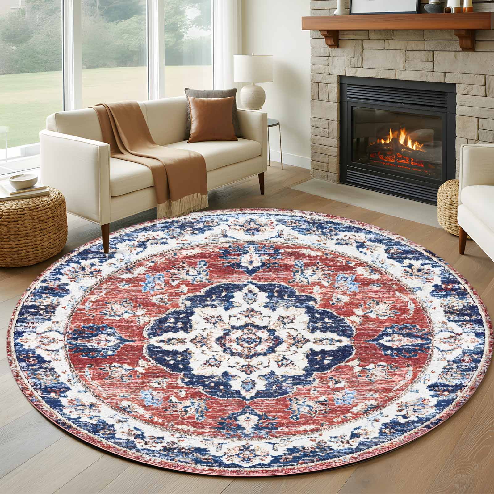 7ft Washable Round Rug, Bohemian Circular Non-Slip Circle Area Rug for ...