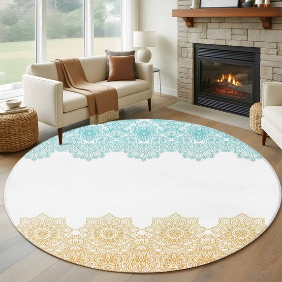 7ft Washable Round Rug, Bohemian Floral Texture Non-Slip Circle Area ...