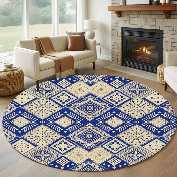 7ft Washable Round Rug, Boho Blue Non-Slip Circle Area Rug for Living Room Dining Room, Watercolor Flower Rhombus Polka Dot Indoor Floor Mat for Home Decor