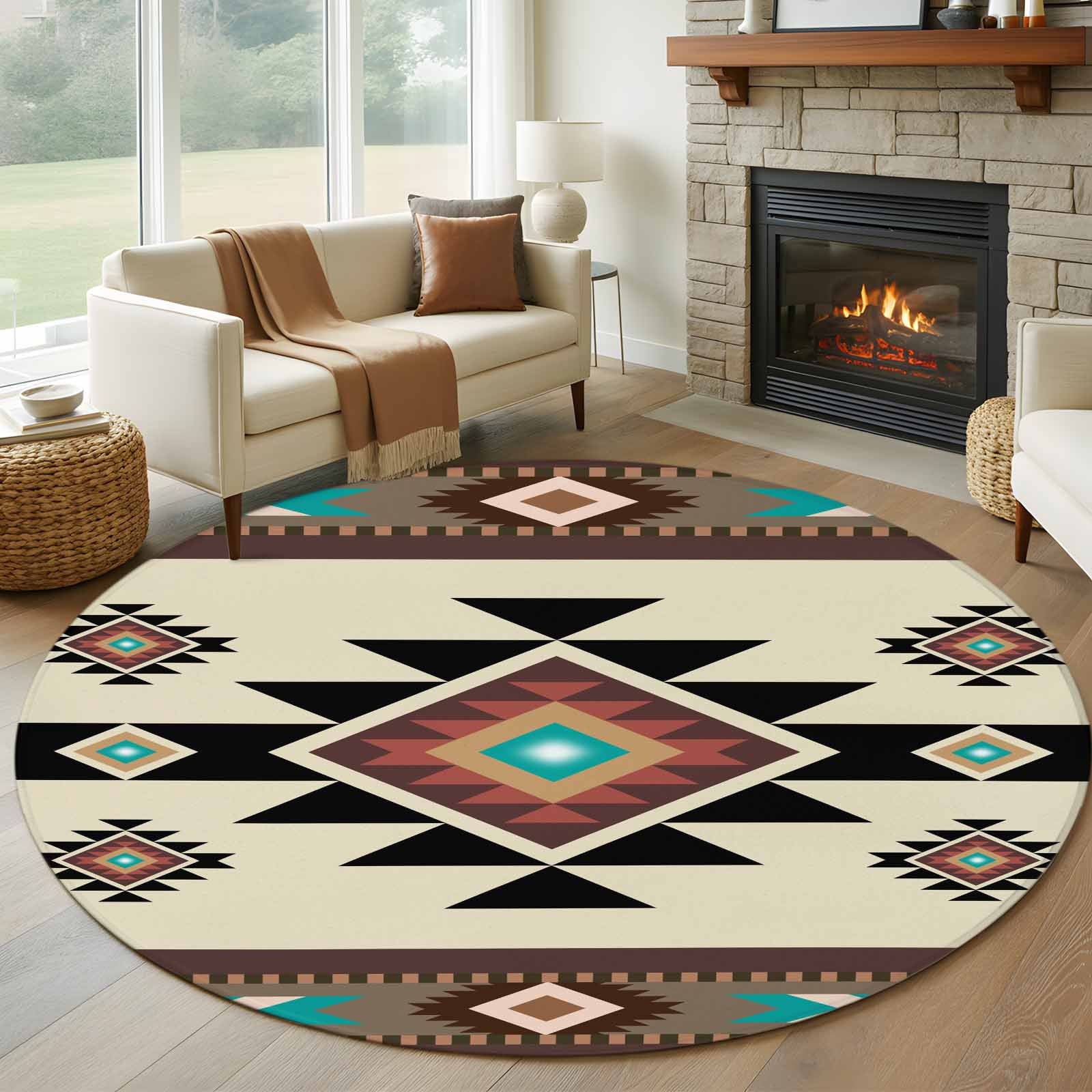 7ft Washable Round Rug, Brown Ethnic Pattern Non-Slip Circle Area Rug ...