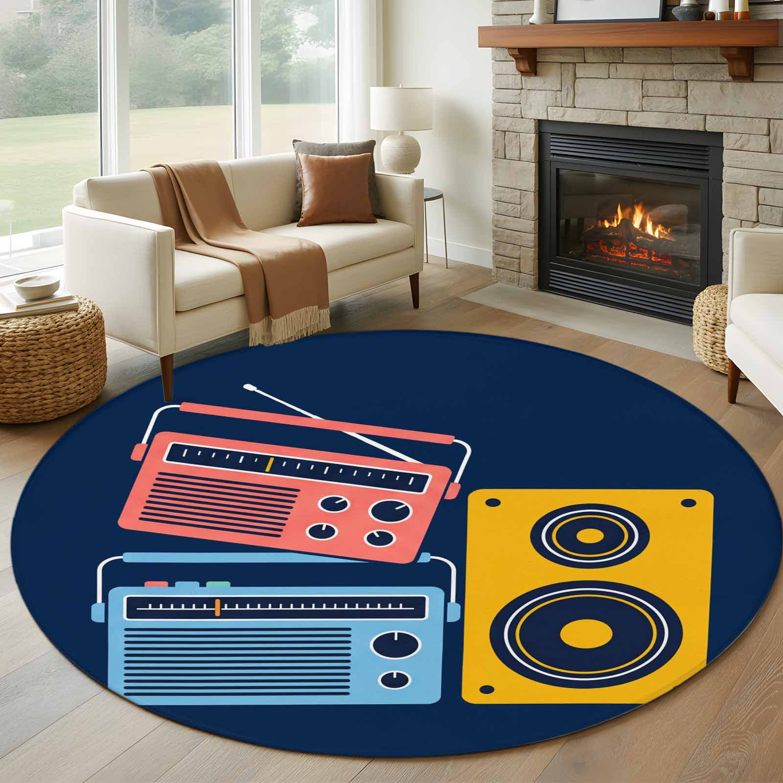7ft Washable Round Rug, Colored Instruments Non-Slip Circle Area Rug ...