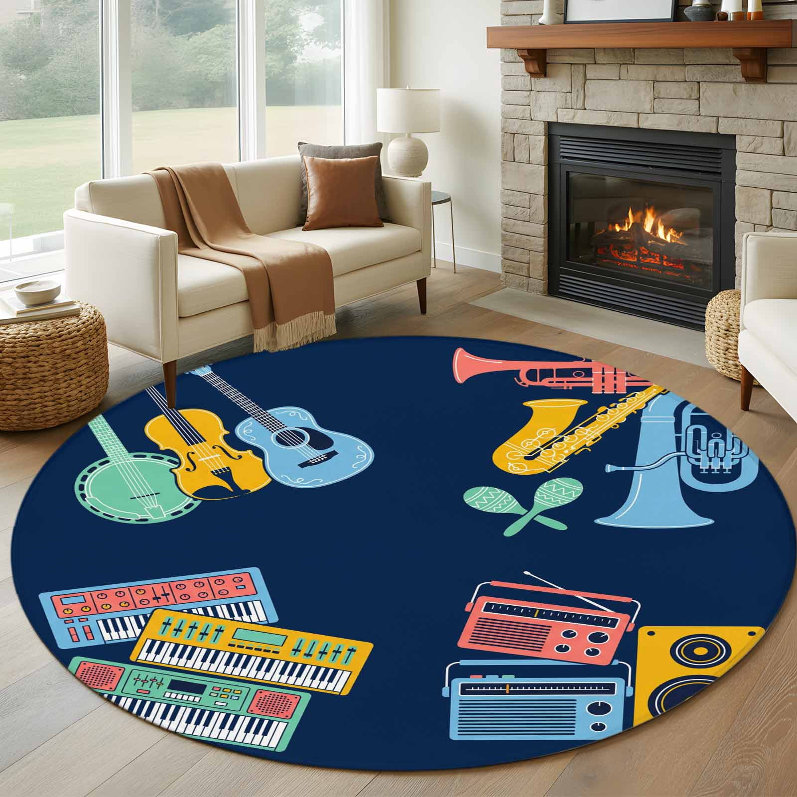 Musical Instrument Rug 7ft Washable Round Rug, Colored Instruments Non-Slip Circle Area Rug ...