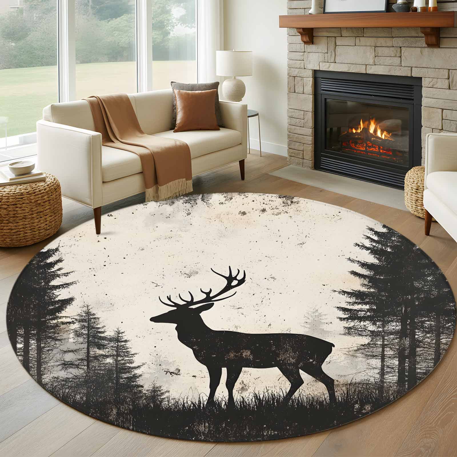 7ft Washable Round Rug, Deer Non-Slip Circle Area Rug for Living Room ...