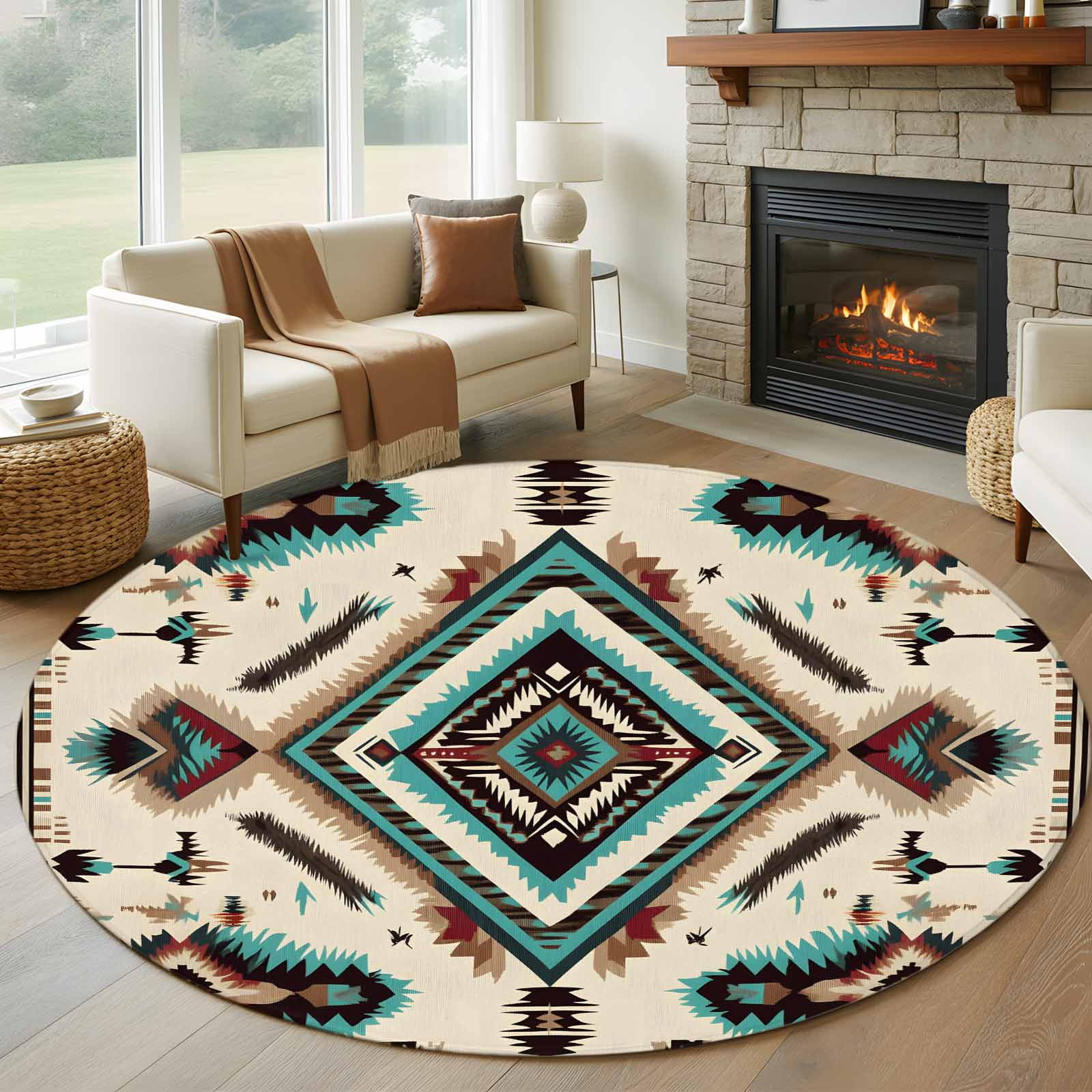 7ft Washable Round Rug, Ethnic Style Pattern Non-Slip Circle Area Rug ...