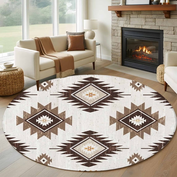 7ft Washable Round Rug, Khaki Brown Non-Slip Circle Area Rug for Living Room Dining Room, Aztec Ethnic Southwestern Native Geometric Indoor Floor Mat for Home Decor