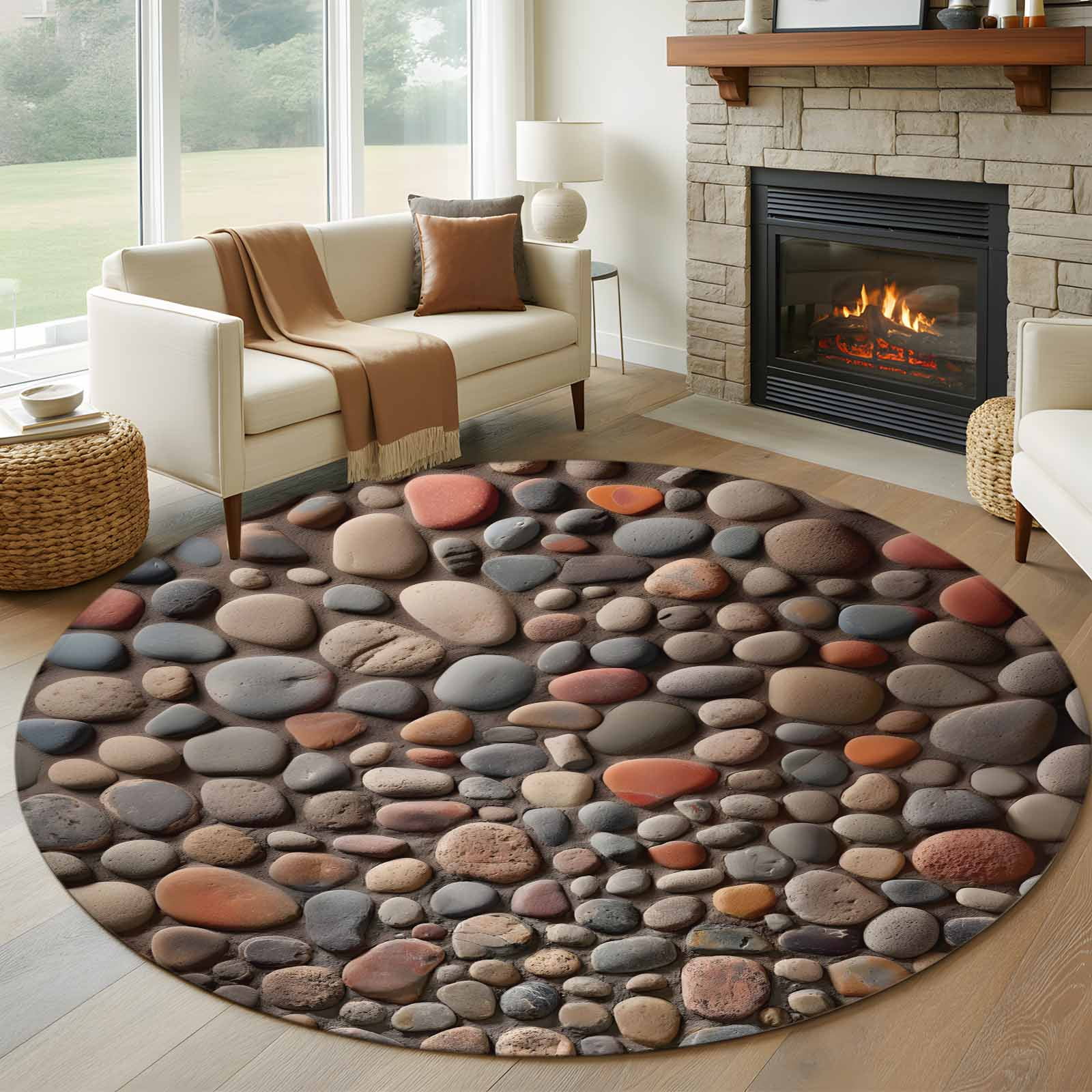 7ft Washable Round Rug, Stones Non-Slip Circle Area Rug for Living Room ...