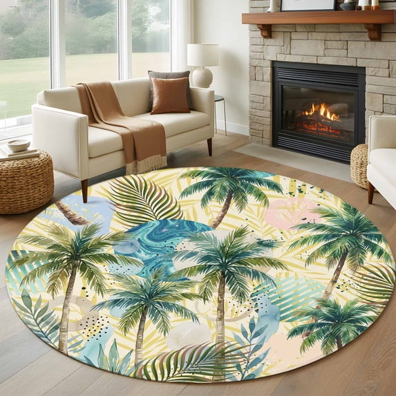 7ft Washable Round Rug, Summer Palm Tree Non-Slip Circle Area Rug for Living Room Dining Room, Vintage Coconut Tree Botanical Tropical Leaf Yellow Indoor Floor Mat for Home Decor