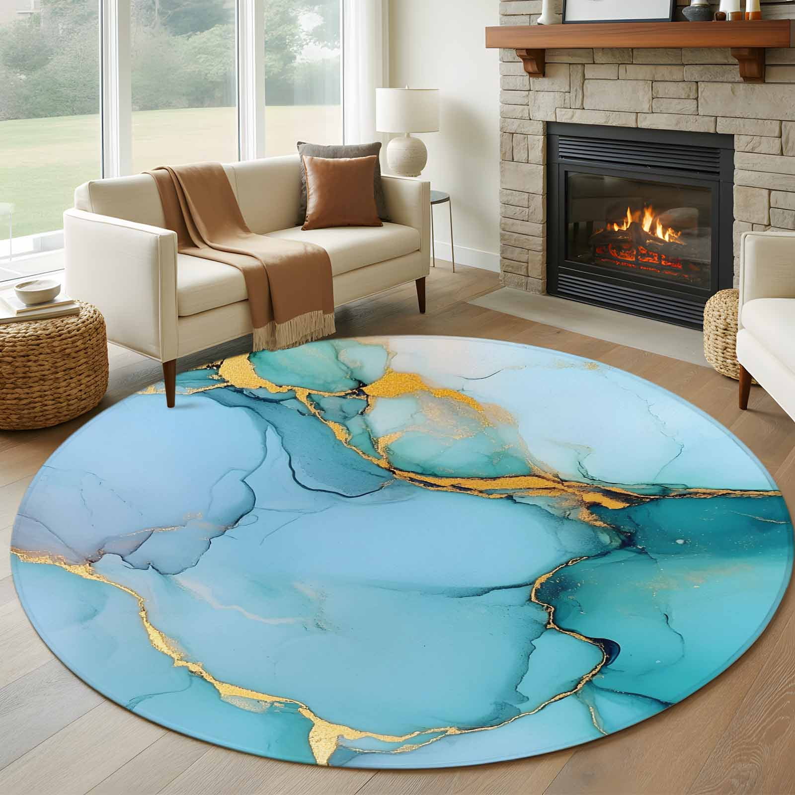 7ft Washable Round Rug, Turquoise Marble Non-Slip Circle Area Rug for ...