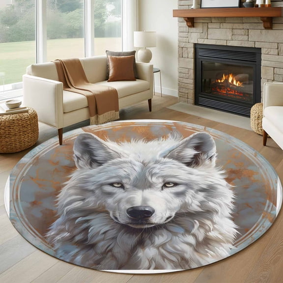 7ft Washable Round Rug, White Wolf Non-Slip Circle Area Rug for Living Room Dining Room, Circle Floral Pattern Indoor Floor Mat for Home Decor