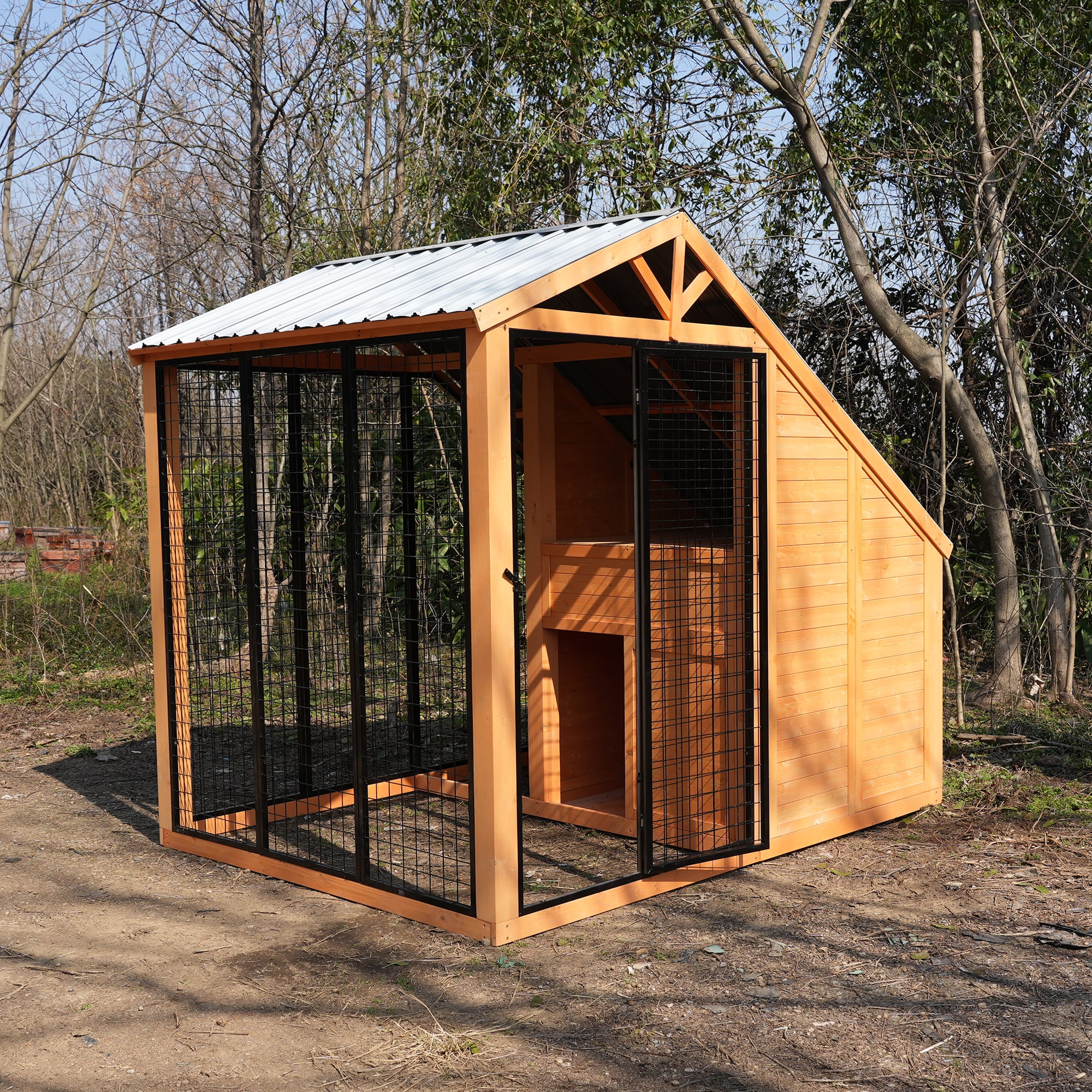 7ft x 5ft x 6ft Outdoor Dog House with Steel Roof , Heavy Duty Wooden ...