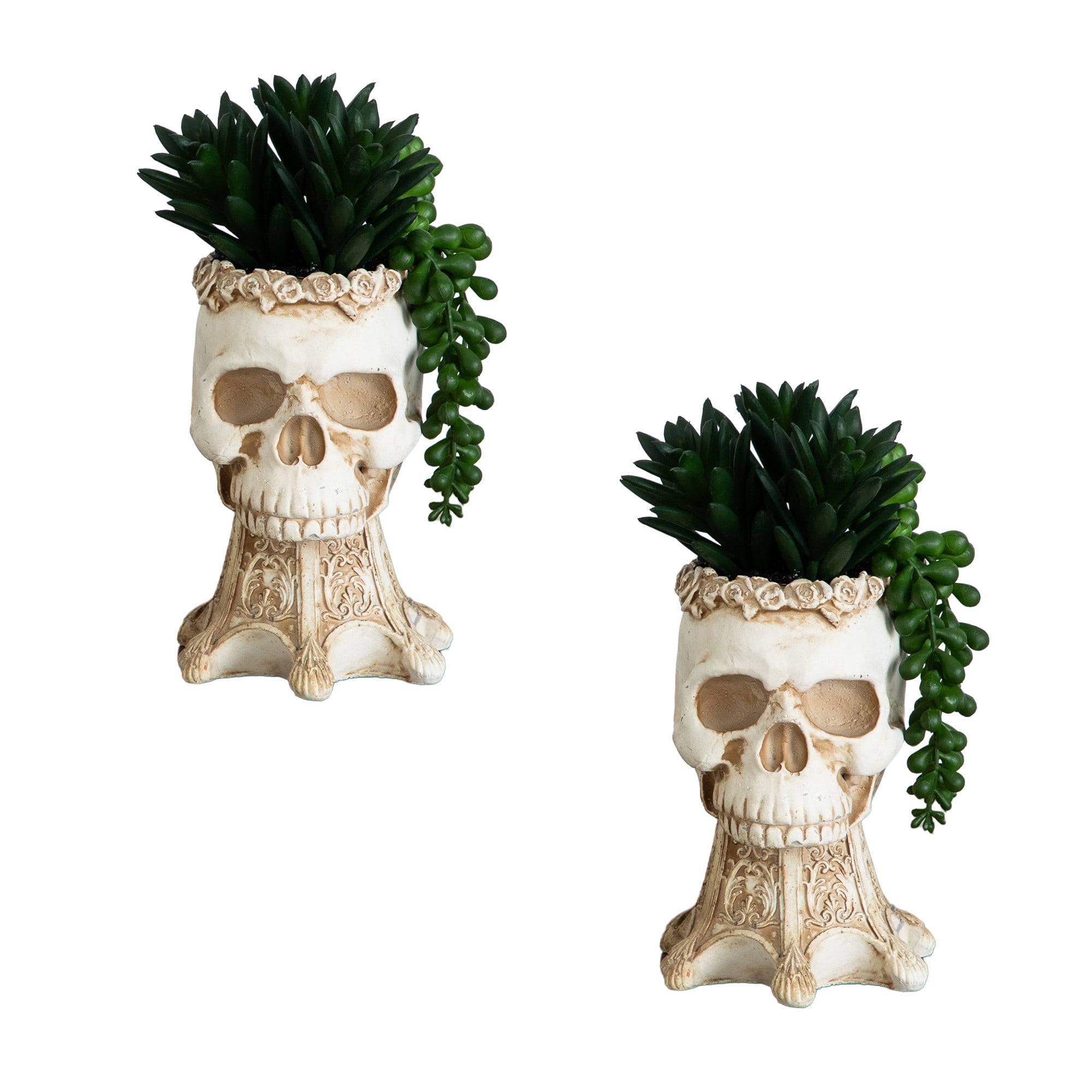 7in. Artificial Halloween Succulent Garden in Skull Planter - Set of 2
