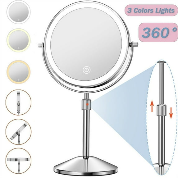 7in Lighted Makeup Mirror, 1500 mAh Rechargeable，Double Sided Magnifying Vanity Mirror with 3 Colors, 1x/10x, 360° Rotation , Brightness Adjustable Magnification Cosmetic Light up Mirror, Women Gift