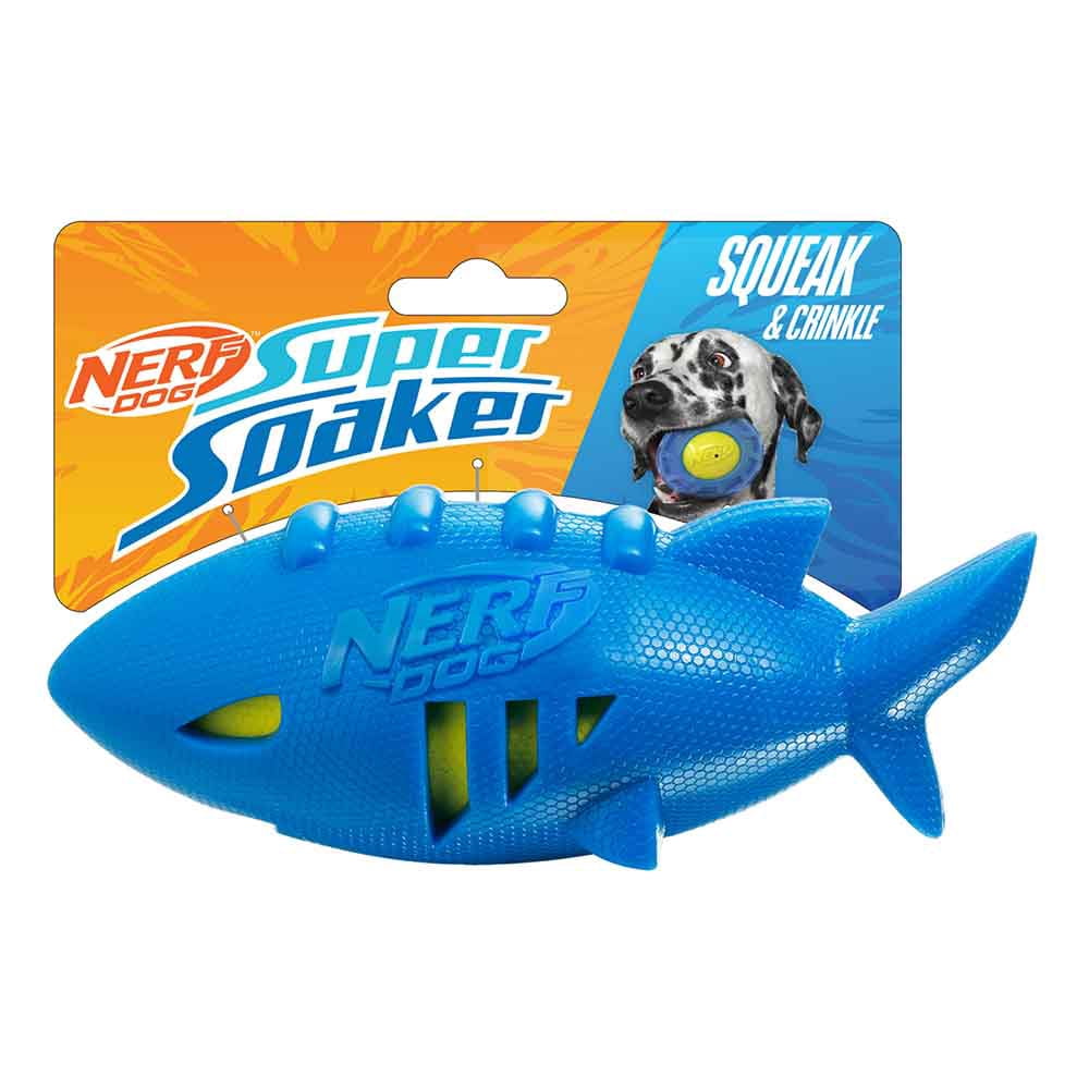 Nerf Dog Shark Football Dog Toy with Water-Soaking Squeak, Blue, 7 inch