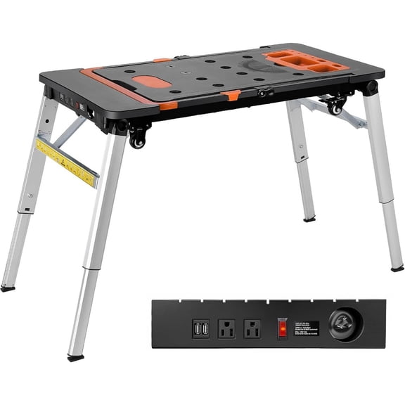 7in1 Multifunctional Portable Workbench, Aluminum Alloy, Black, Foldable with Built-in Power Outlet for Outdoor and Workshop Use