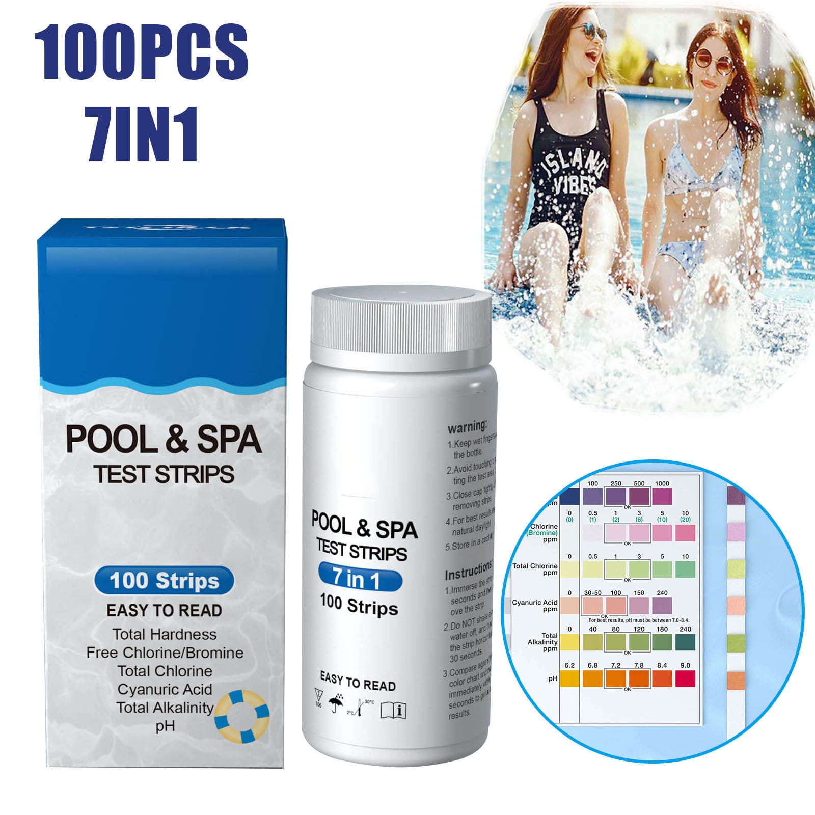 7in1 Spa Pool Test Strips – 100 Accurate Pool Water Test Kit for Bromine, Total Alkalinity, pH, Free Chlorine, Total Hardness, Cyanuric Acid, and Total Chlorine