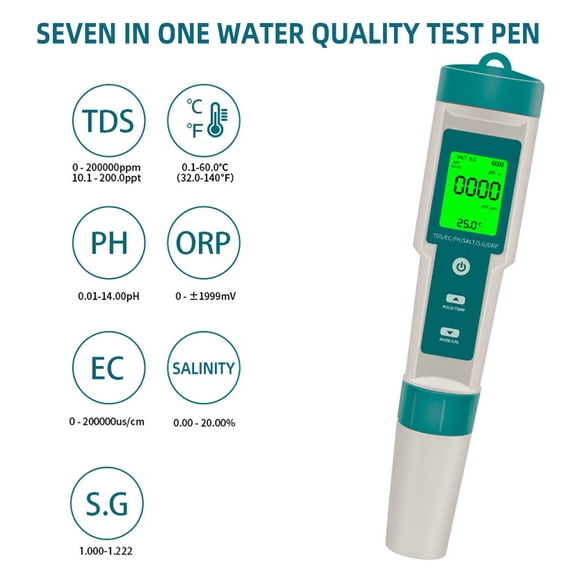 7in1 Test Pen PH/ORP/EC/TEMP/SALT/S.G/TDS LCD Backlight Waterproof IP67 Water Quality Tester Multifunctional Analysis Instrument ,Accurate