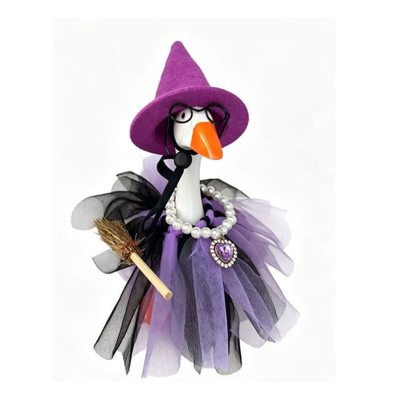 7inch Desk Goose Outfits, Mini Halloween Goose Set with Purple Witch Hat, Skirt,Glasses and Pearl Necklace,Mini Goose Halloween Decoration for Tabletop Display