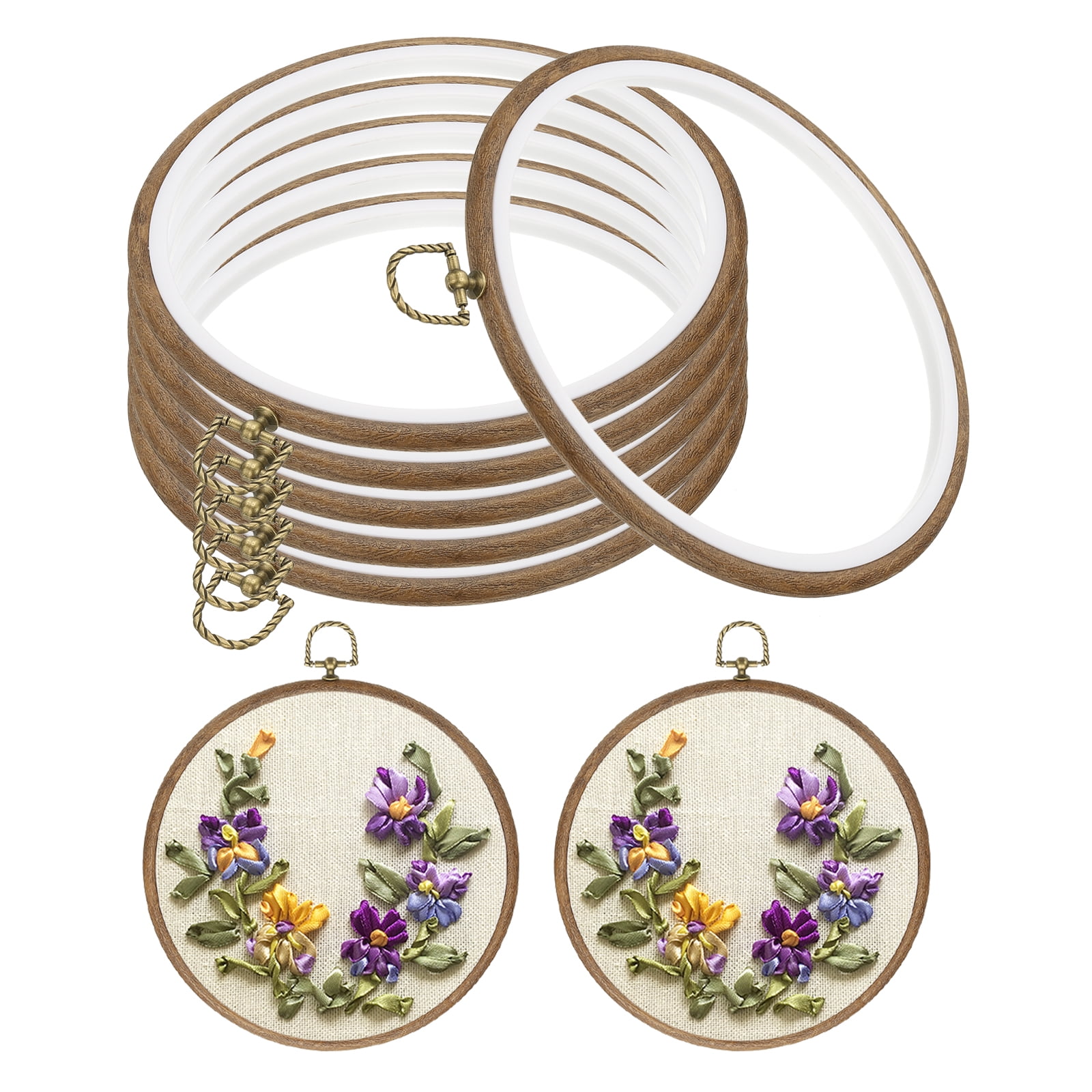 7inch Embroidery Hoop, 6pcs Cross Stitch Hoop Rubber Imitated Wood Circle Frame Ring for Embroidery Art Craft Sewing Ornaments Hanging Decoration
