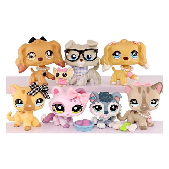 7lot Mini Pet Shop Animal Toys,Little Pet Shorthair Cat Collie Baby Husky Cocker Spaniel Crouching Cat,with Cute Accessories,Collectable Imagination Little Toy