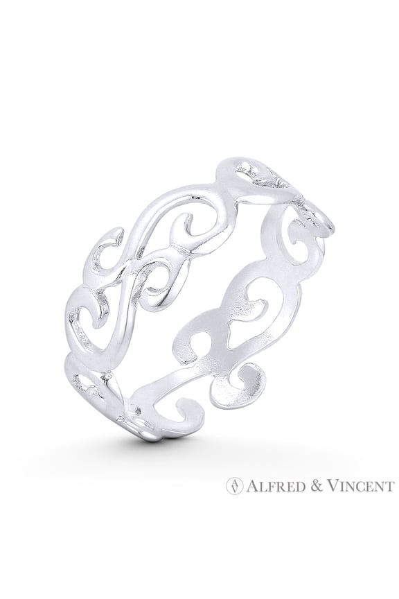 7mm (0.3in) Swirl Pattern "Wind Gust" Engraved Design Right Hand Ring Stackable Band in .925 Sterling Silver