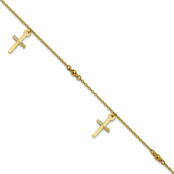 7mm 10k Solid Yellow Gold Polished and Textured Religious Faith Cross Plus 1in Extension Anklet 9 Inch Anklet for Women