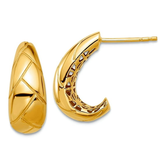 7mm 14k Solid Yellow Gold Polished and Etched J-hoop Post Earrings 17.25x7mm Wide Hoop Earring for Women