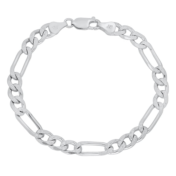 7mm .925 Sterling Silver Diamond-Cut Flat Figaro Chain Link Bracelet, 9 inches