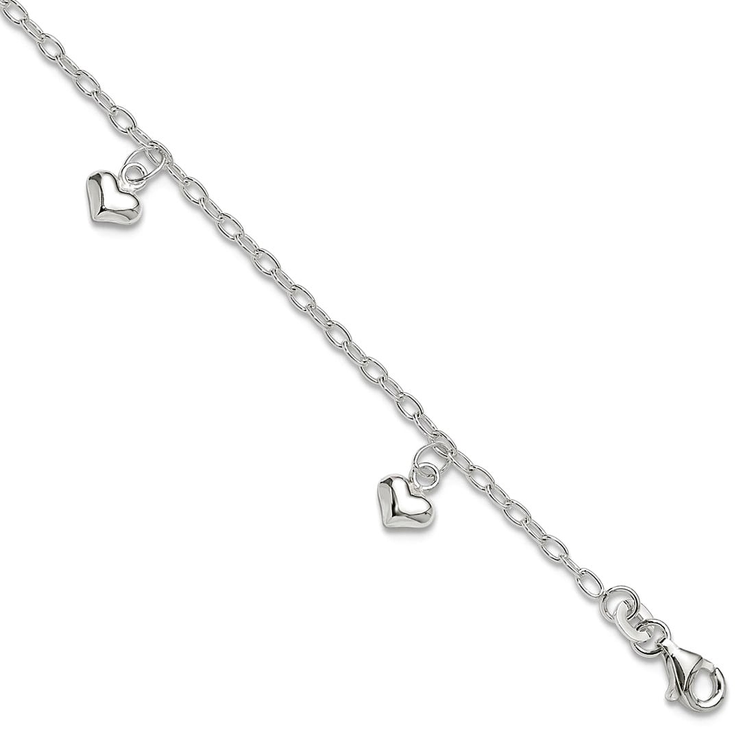 7mm 925 Sterling Silver Polished Puffed Love Heart Plus 1in Extension Anklet 10 Inch Anklet for Women