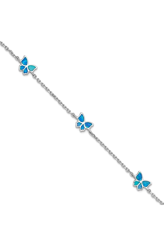 7mm 925 Sterling Silver Rhodium Plated Blue Created Opal Butterflies Plus .5in Extension Anklet Le 9 Inch Anklet for Wom