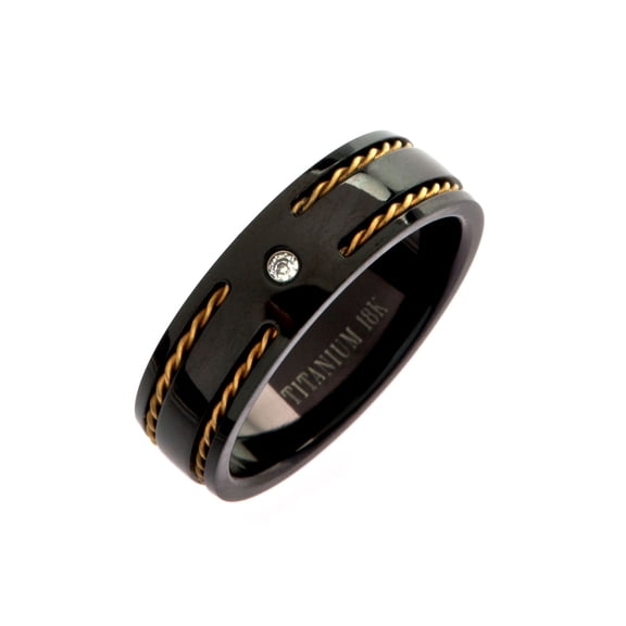 7mm Black Titanium Wedding Band With 2 Cable Embedded In Grooves 2mm CZ. Ring