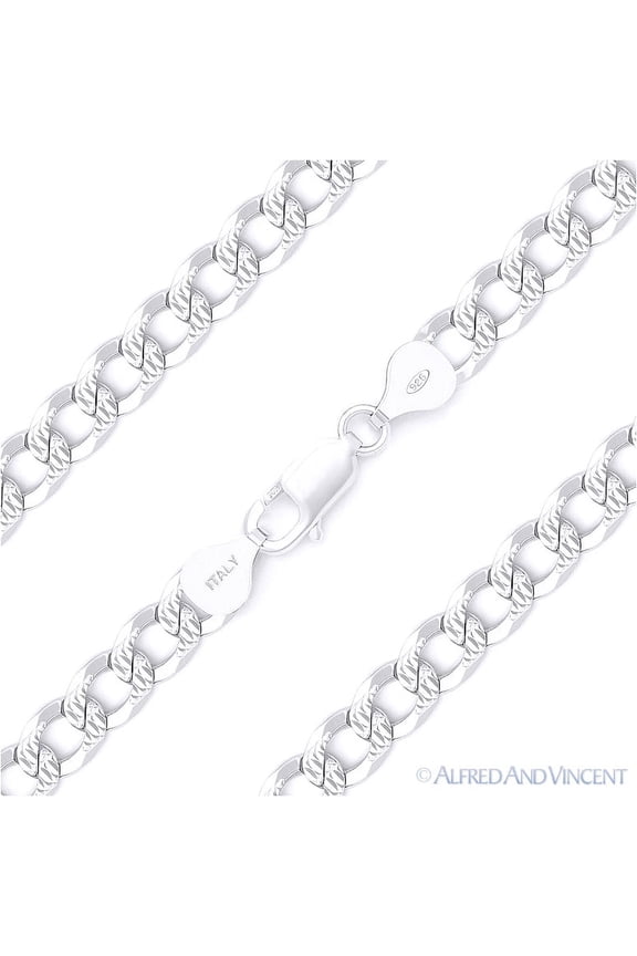 7mm Cuban / Curb Link D-Cut Pave Italian Chain Bracelet in .925 Sterling Silver