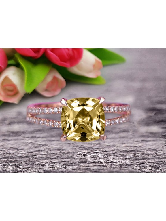 7mm Cushion Cut 2.05 Carat Champagne Diamond Moissanite Engagement Ring Promise Ring 10k Rose Gold Stacking Band Art Deco Anniversary Gift