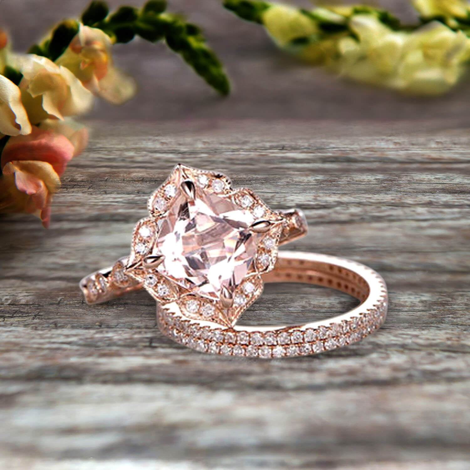 7mm Cushion Cut Trio Set 10k Rose Gold 3.05 Carat Morganite Wedding Set Engagement Ring Antique Stacking Matching Band Art Deco