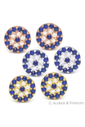 7mm Evil Eye Charm CZ Crystal Stud Earrings in .925 Sterling Silver