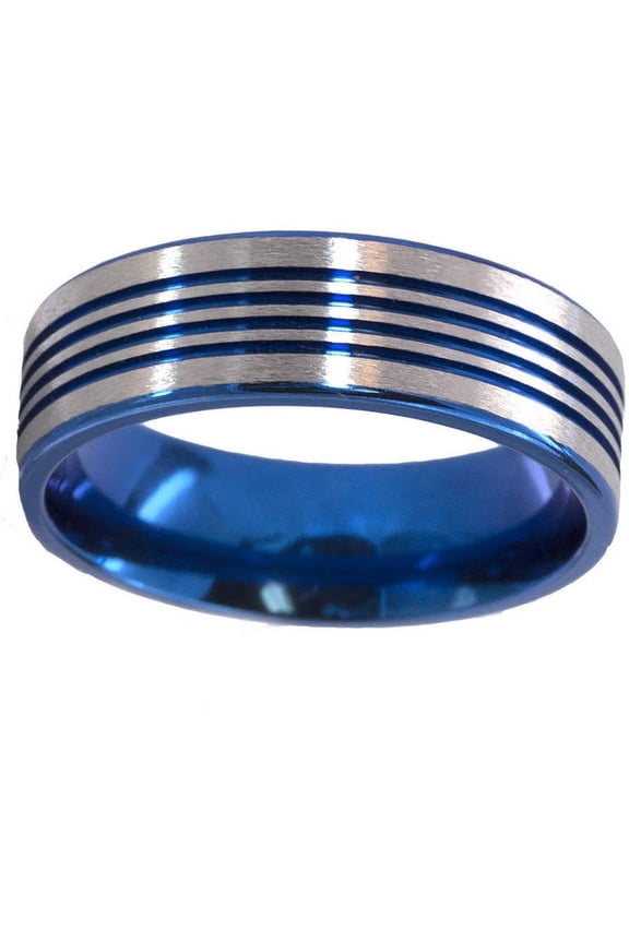 7mm Flat Titanium Ring with 4 Grooves Anodized in Blue
