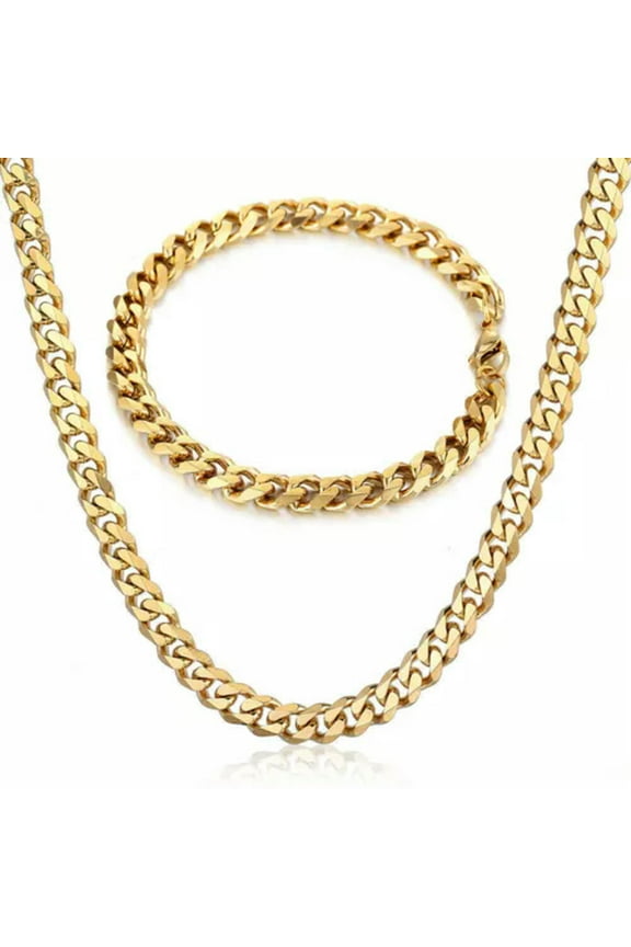7mm Gold Filled Stainless Steel Bracelet & Necklace Jewelry Set Cuban Curb Chain