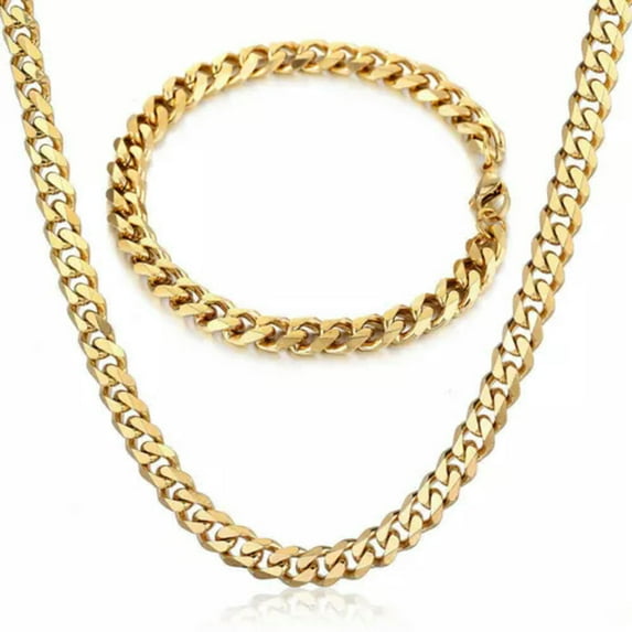 7mm Gold Filled Stainless Steel Bracelet & Necklace Jewelry Set Cuban Curb Chain
