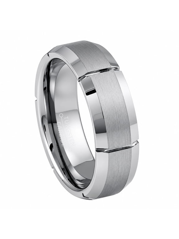 7mm Mens Tungsten Wedding Band, Brushed Center with Grooves, Beveled Edge Promise Ring - TN001s8