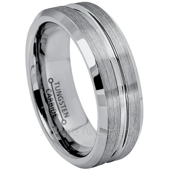 7mm Mens Women Tungsten Wedding Band - Brushed Grooved Center Comfort Fit Beveled Edge Tungsten Carbide Anniversary Ring - TN046s10.5