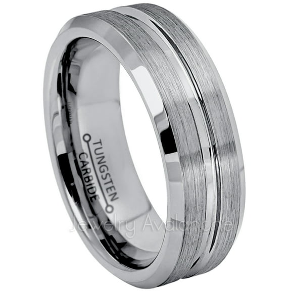 7mm Mens Women Tungsten Wedding Band - Brushed Grooved Center Comfort Fit Beveled Edge Tungsten Carbide Anniversary Ring - TN046s7