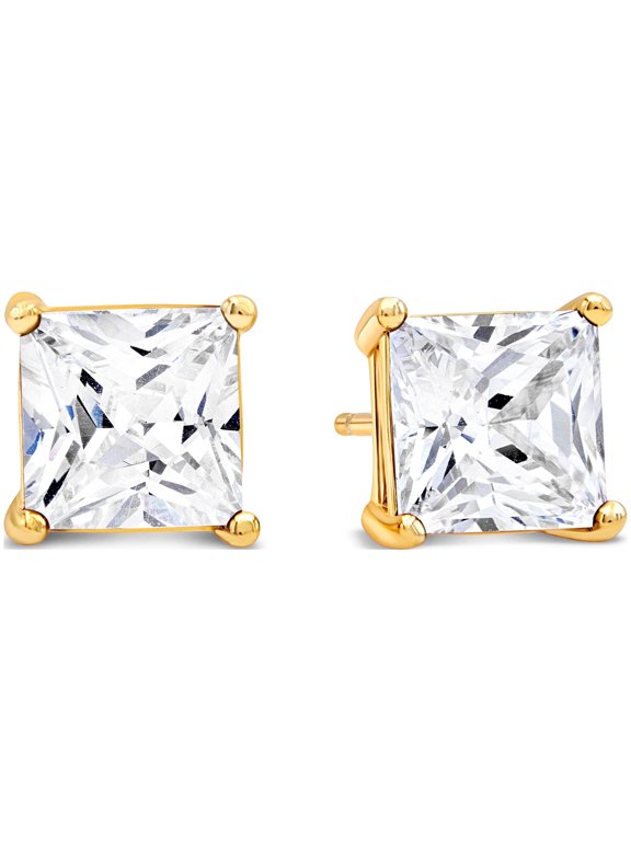 7mm Square CZ Stud Earrings, 18K Gold-Plated 925 Sterling Silver, Cubic Zirconia Earring Studs, Hypoallergenic for Women