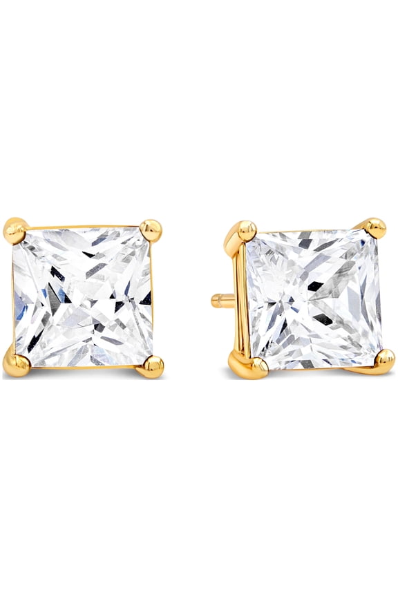 7mm Square CZ Stud Earrings, 18K Gold-Plated 925 Sterling Silver, Cubic Zirconia Earring Studs, Hypoallergenic for Women