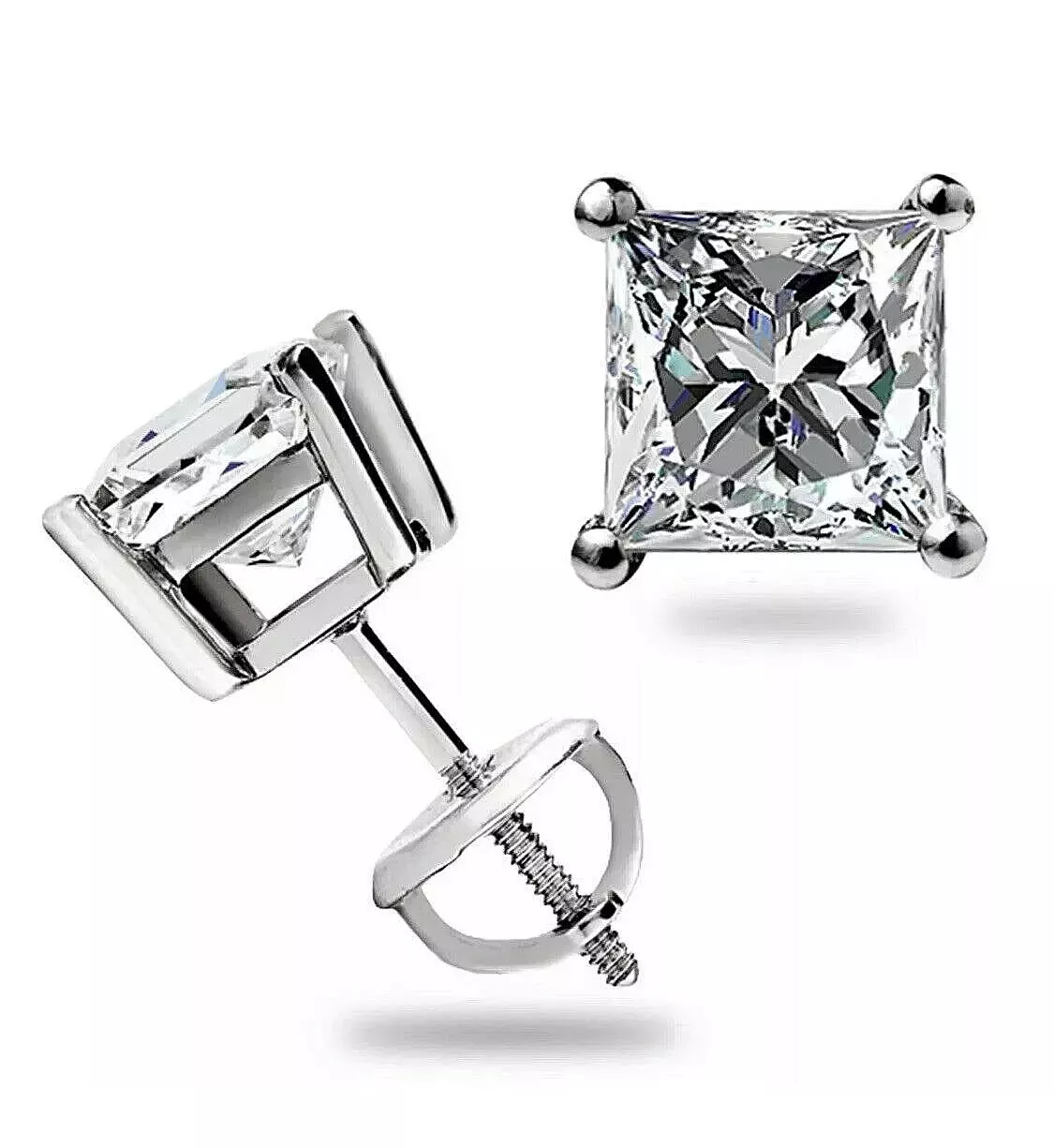 7mm Princess Cut Lab Created Diamond Screw Back Earrings in 14k White Gold Plated