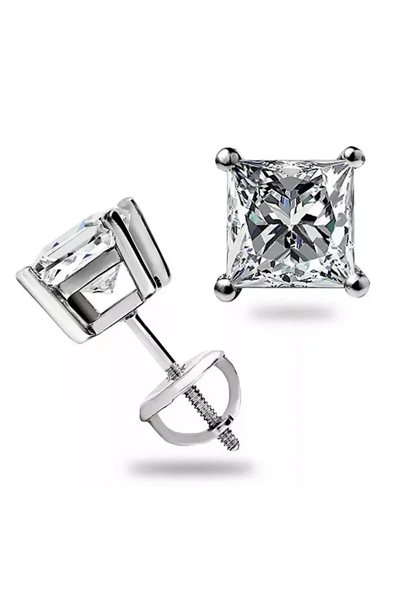7mm Princess Cut Lab Created Diamond Screw Back Earrings in 14k White Gold Plated