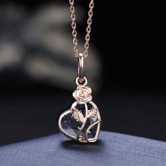 7mm Rose Flower Heart Cut Galaxy Blue Sandstone Pendant Necklace - Bridal Drop Necklaces in 14K Rose Gold Finish - Nature Inspired Dainty Floral Jewelry