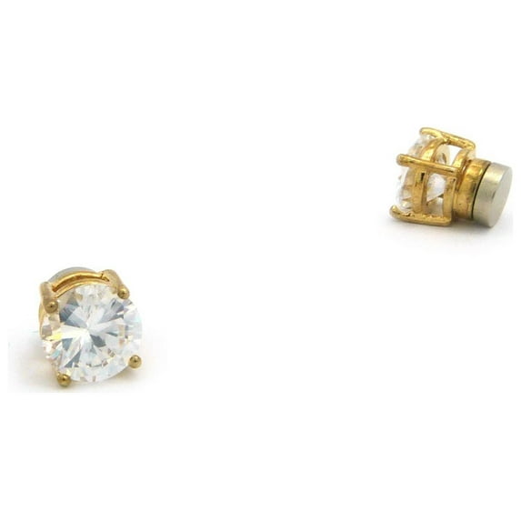 7mm Round Cut Clear Cubic Zirconia 4-Prong Magnetic Stud Earrings, Gold-Tone