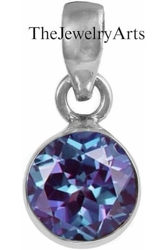 7mm Round Cut Lab-Created Alexandrite Necklace – Color-Change Gemstone Pendant 925 Sterling Silver, Elegant Statement Jewelry with Brilliant Hue Shift Silver 14 Inch