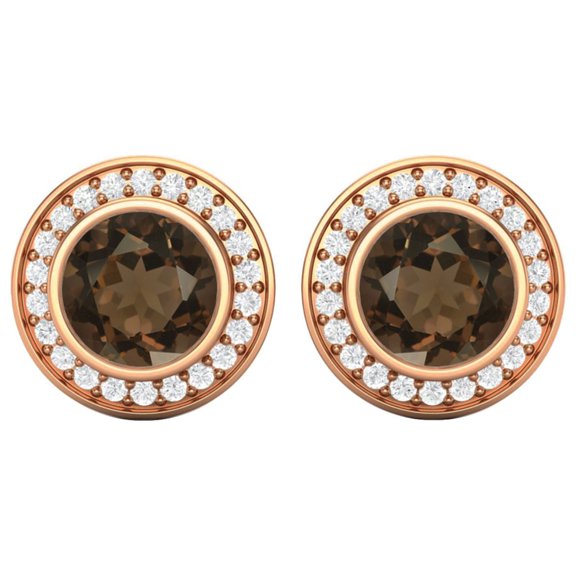 7mm Round Shape Smoky Quartz 925 Sterling Silver Rose Vermeil Solitaire Women Valentines Day Gifts Stud Earrings