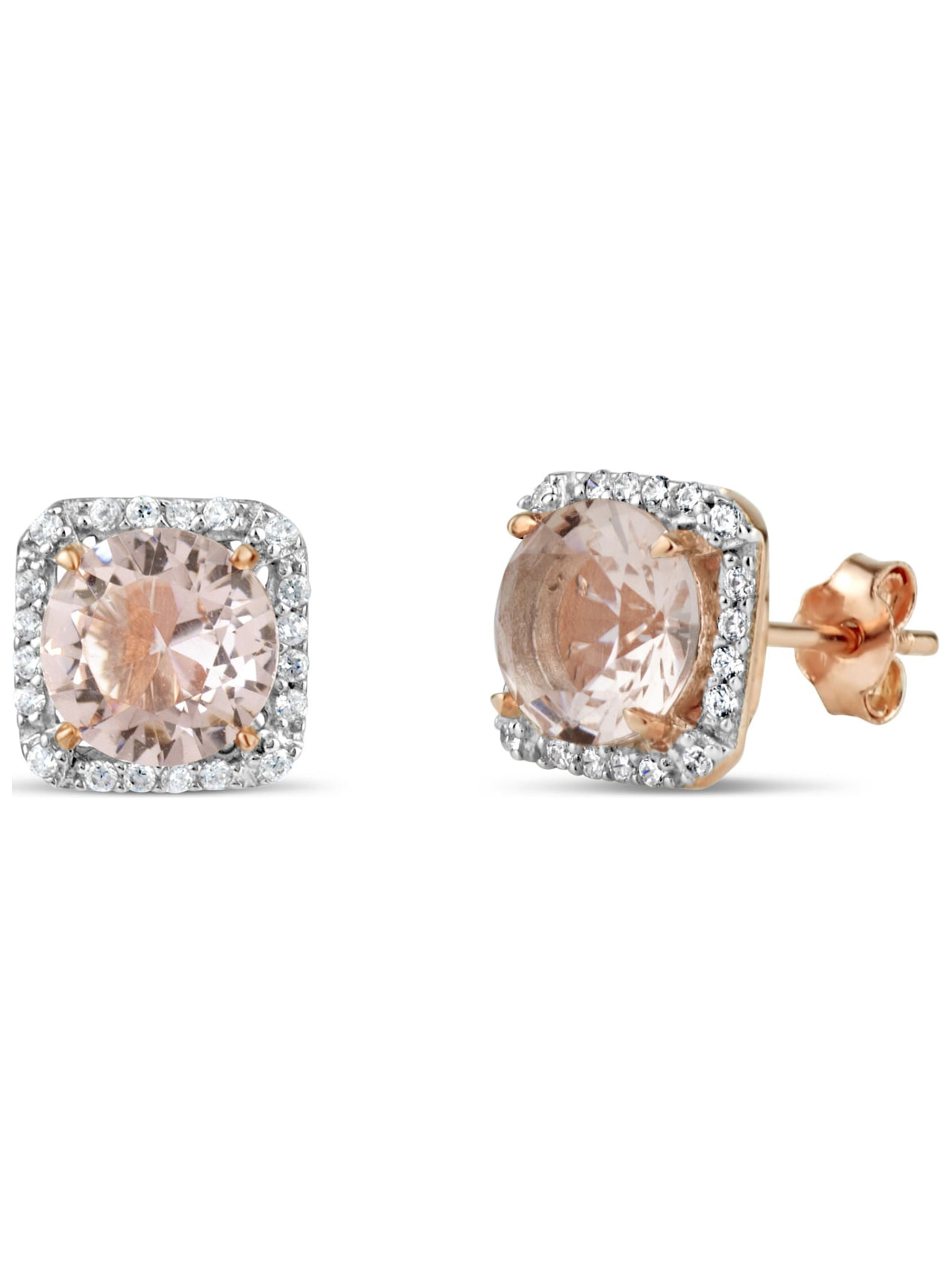 7mm Round Simulated Morganite with White CZ 18kt Rose Gold over Sterling Silver Square Halo Earrings